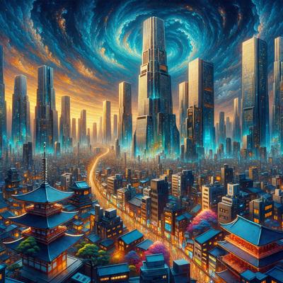 The primary subject of the image is a futuristic cityscape with a sky full of buildings. The setting is a city with a large number of skyscrapers, and the visual style is digital art. The colors and mood of the image are vibrant and energetic, with a blue sky and a sense of motion and activity.